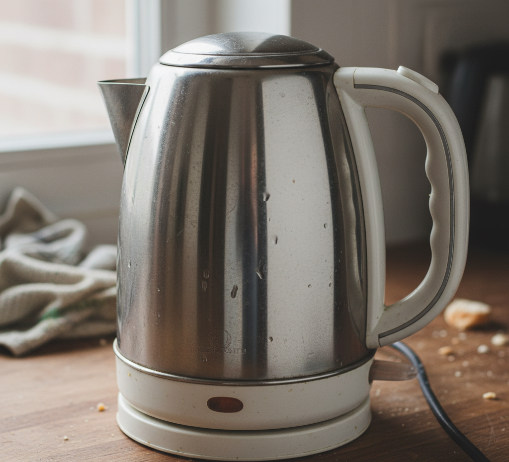 kettle, well-used and a little dirty.
