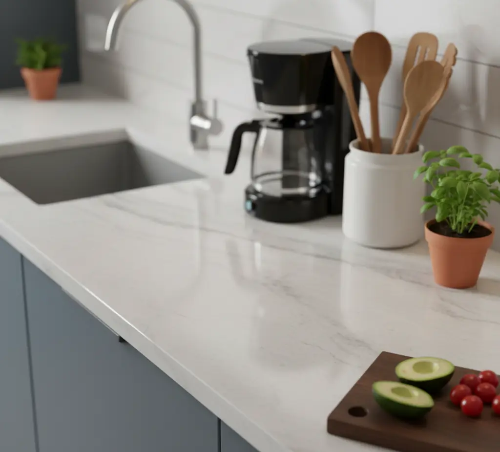White kitchen countertop with a coffee maker, a utensil jar and herbs