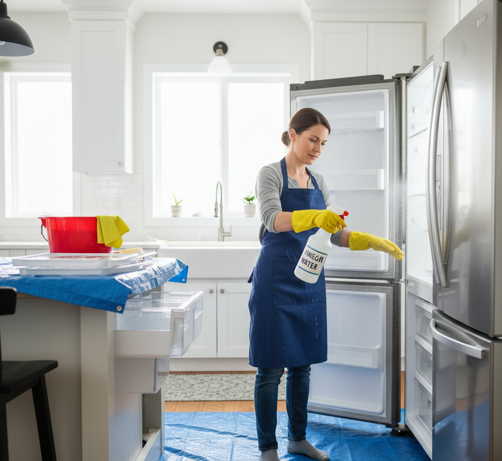 pouring vinegar and water over the refrigerator