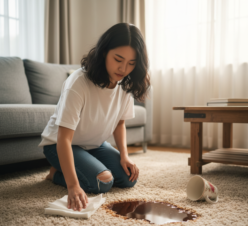 woman cleaning a spilled coffee stain from the carpet.