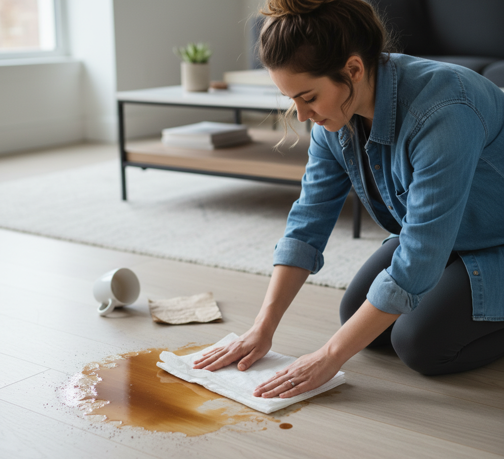 woman placing paper towels on spilled coffee stain