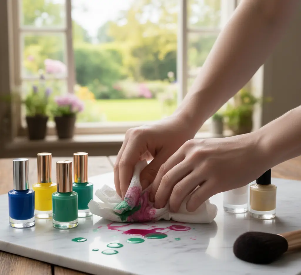 woman pressing paper towel where nail polish spilled