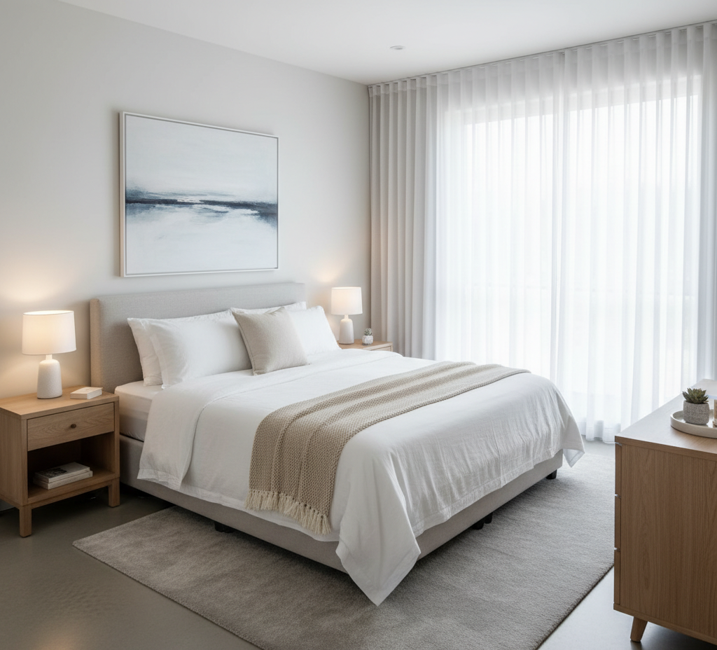 A beautiful, clean, and organized room, provided by Airbnb cleaning service.