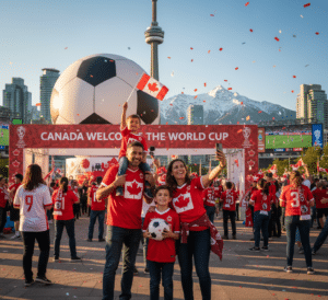 A family of tourists enjoying Canada during the World Cup.