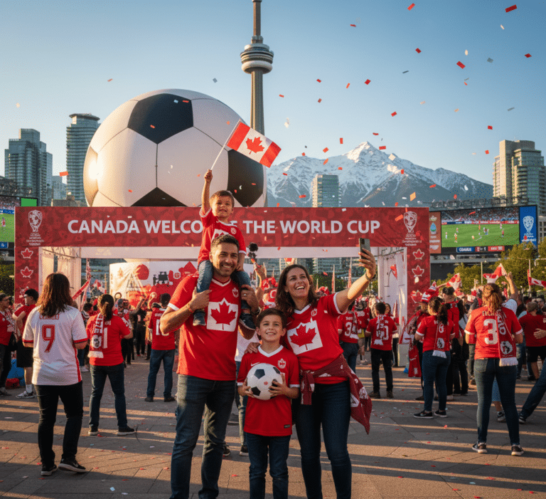 A family of tourists enjoying Canada during the World Cup.