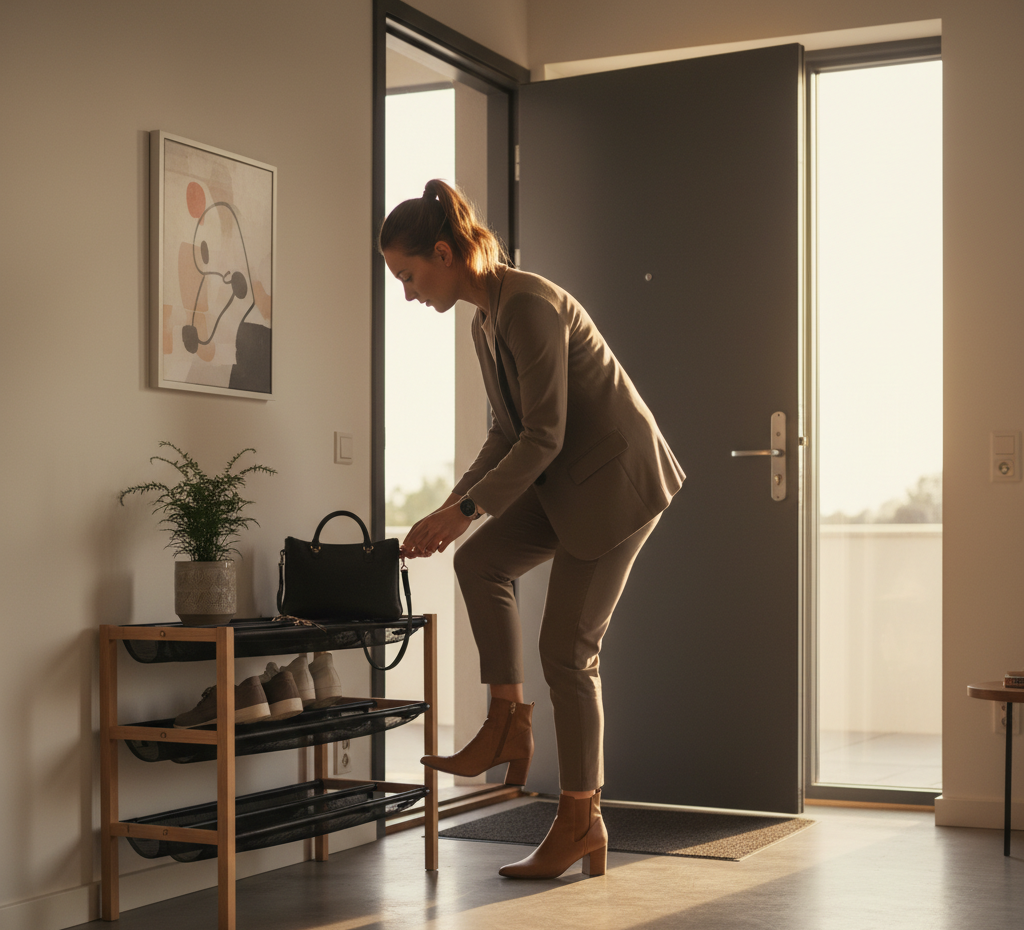 A woman arrived home and immediately took off her shoes and tidied herself up.