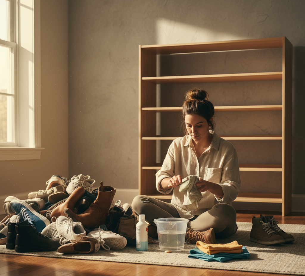 A woman is organizing all the shoes scattered around the house in order to clean and organize them.
