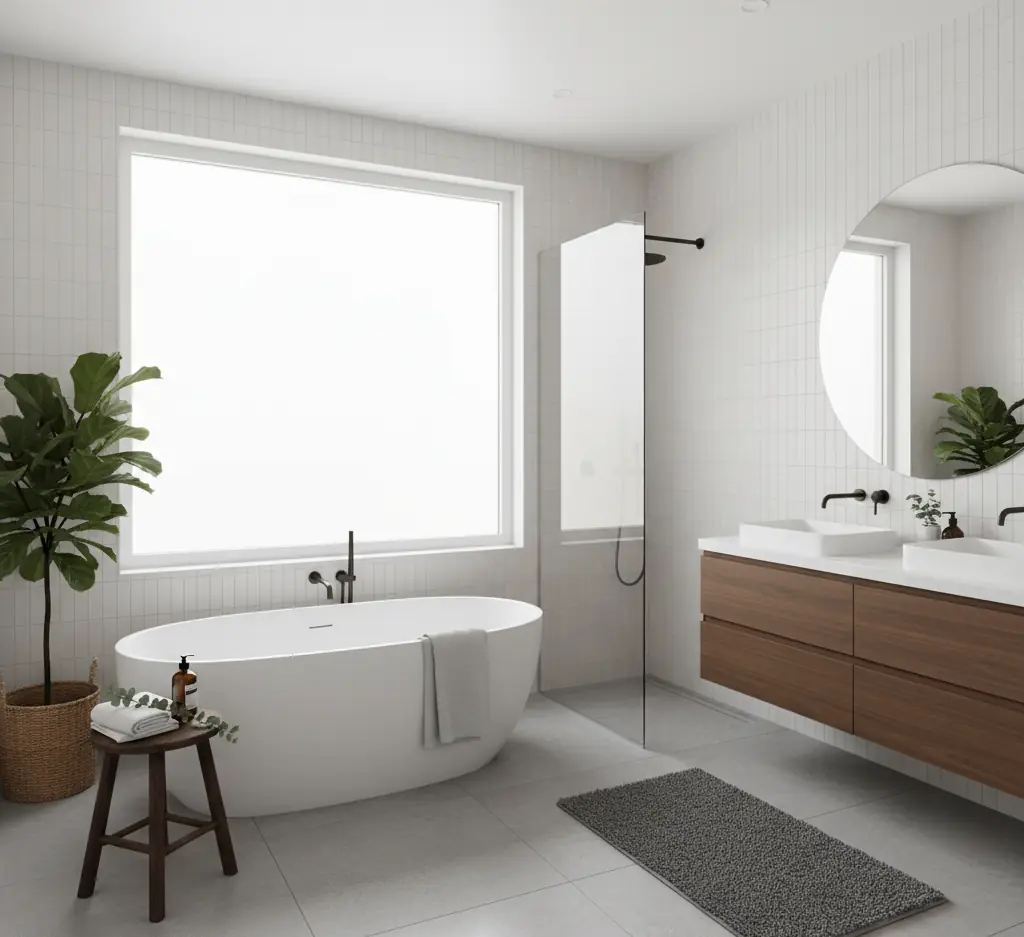 Bright bathroom with a freestanding tub, walk-in shower and wooden double vanity