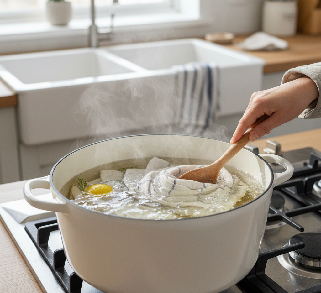 Boiling the dishcloth in water for cleaning