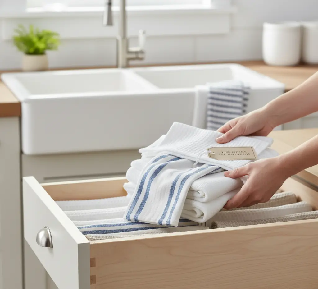 Clean and organized cloths in the kitchen drawer.