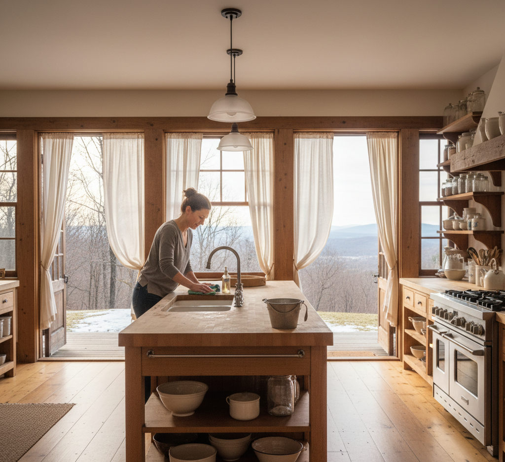 Cleaning the kitchen at the country house.