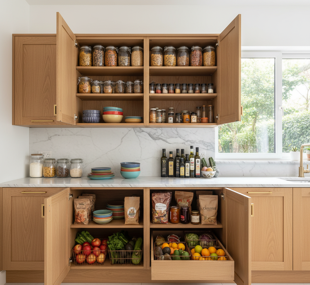 Kitchen cabinets with food inside.