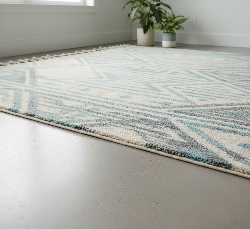 The floor is clean and organized with a beautiful rug.