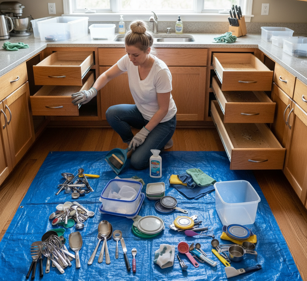 Woman emptying kitchen drawers to clean and organize.