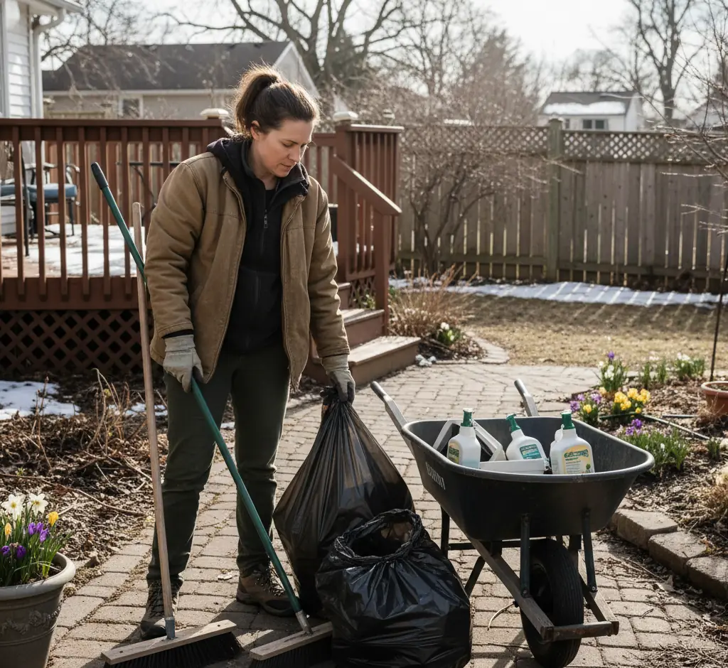 Woman preparing Backyard for an outdoor cleaning after winter.