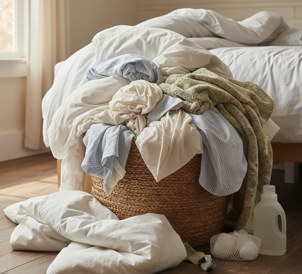 bed linens ready to be washed