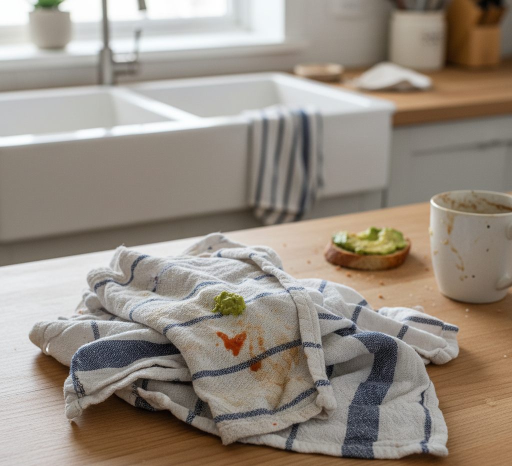 dirty dish towel on the kitchen counter