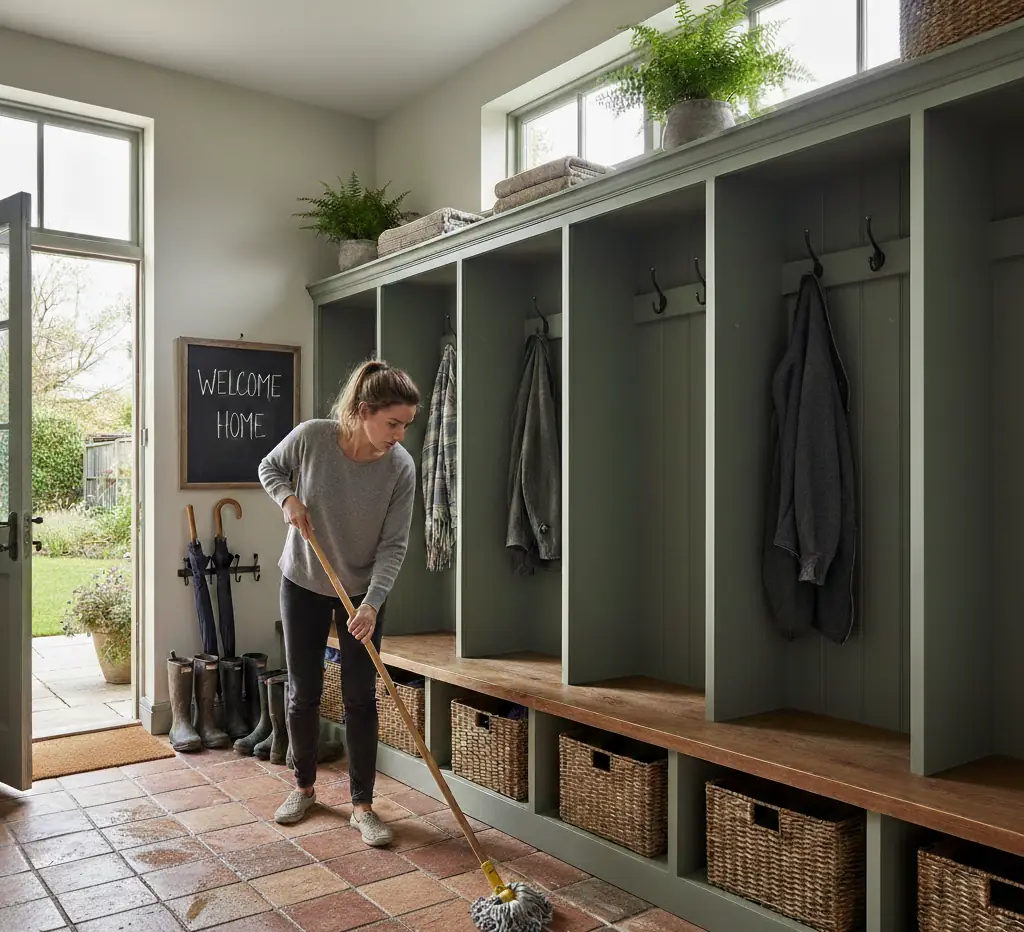 mopping the mudroom of a house