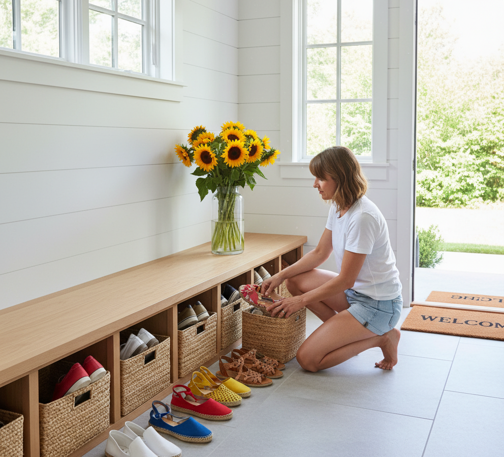 organizing shoes for summer in the entryway