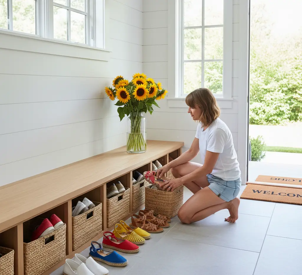organizing shoes for summer in the entryway