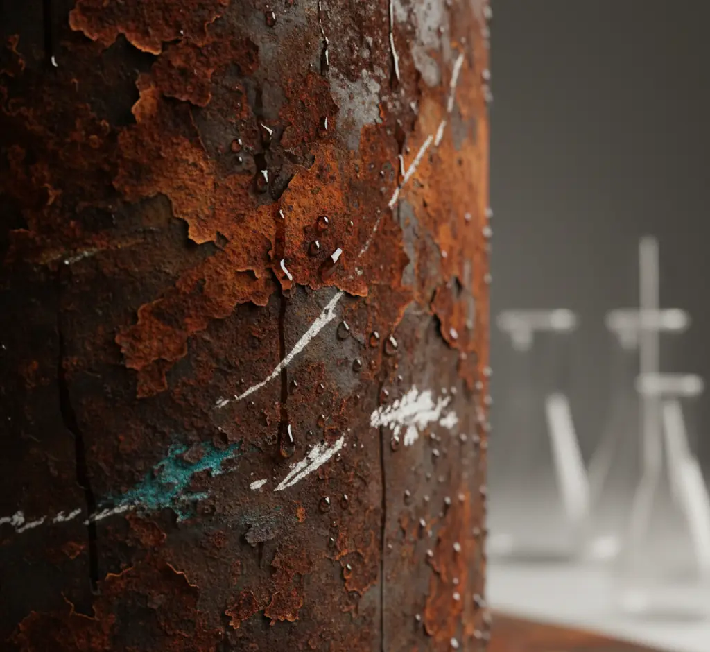 Close-up of a rusted, oxidized metal surface with flaking paint