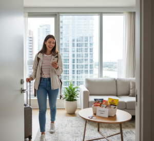 tourist arriving at an Airbnb apartment