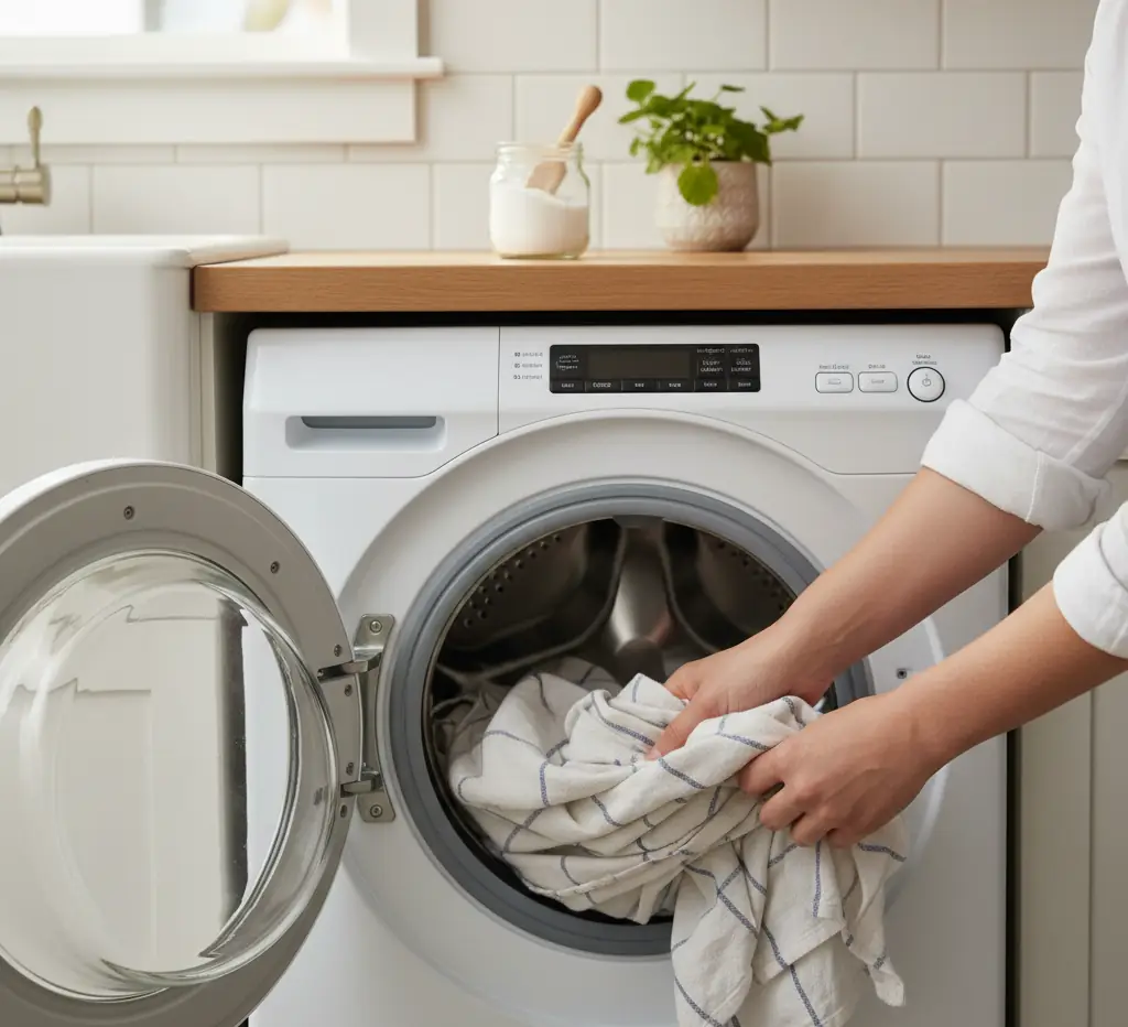 Hands loading checked dishcloths into a front-loading washing machine