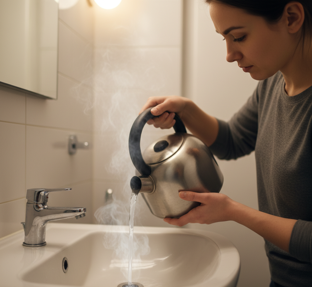 woman pouring hot water down bathroom sink drain