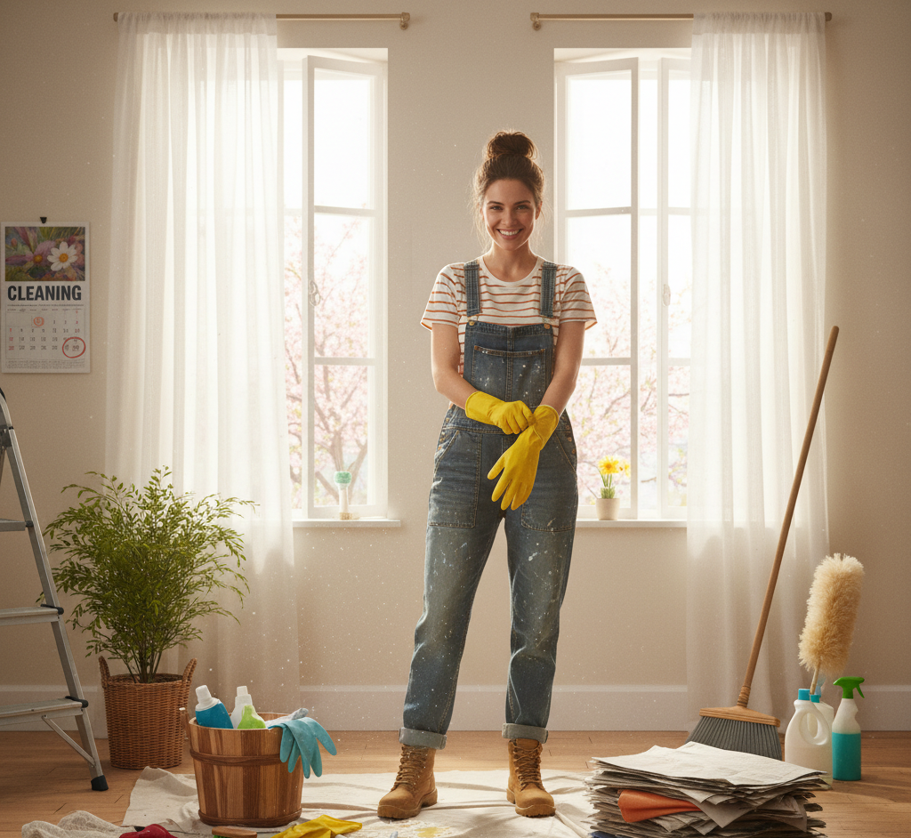 woman preparing to clean the house in the spring