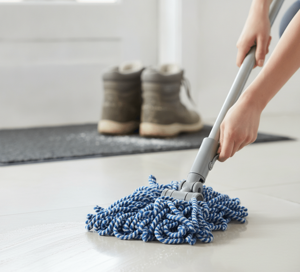 A close-up of a person mopping a floor with a microfiber mop