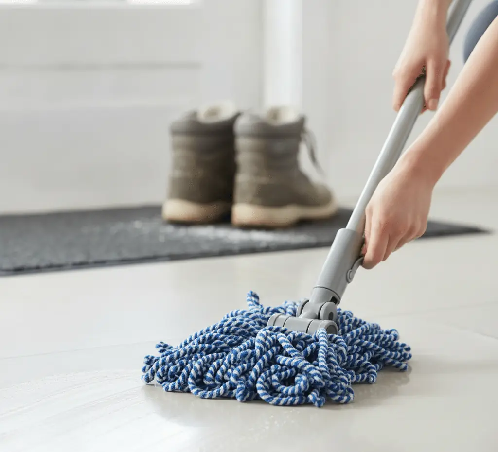 A close-up of a person mopping a floor with a microfiber mop