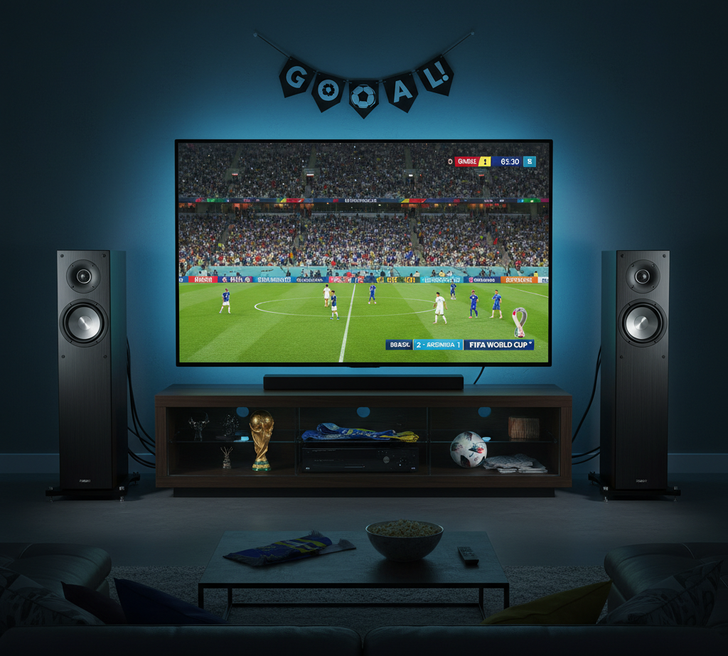 A television with speakers, ready to broadcast the World Cup.