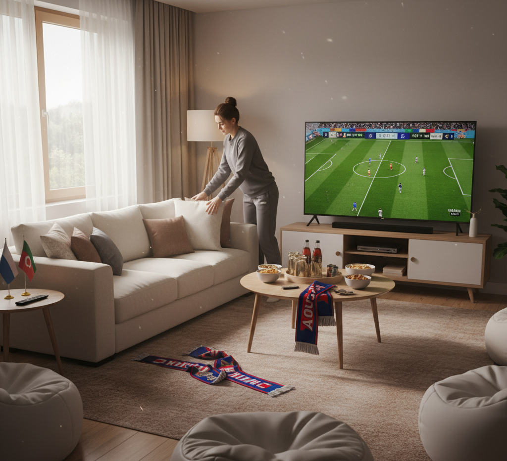 A woman preparing the living room to watch the World Cup with friends; it doesn't need many decorations.