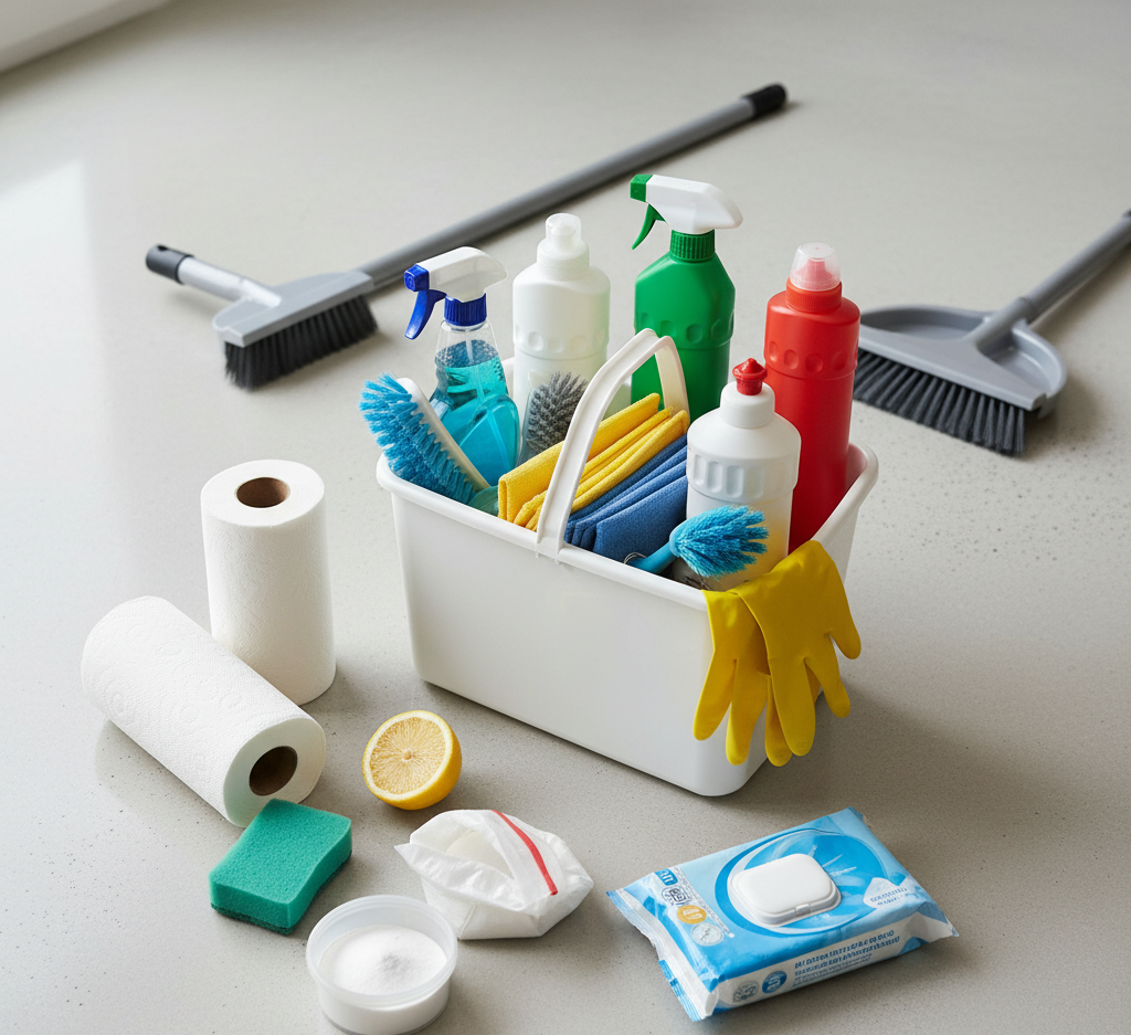 Cleaning caddy and the items that go inside it.