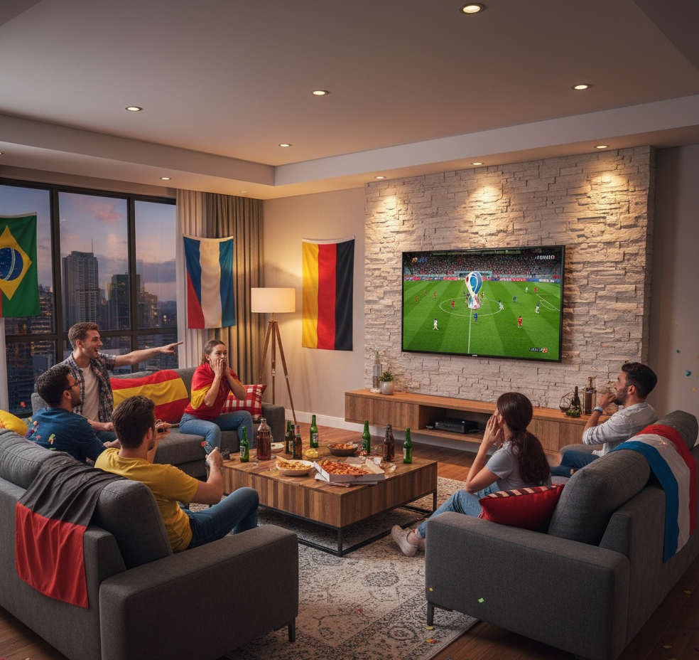Friends gathered in the living room to watch party the World Cup.