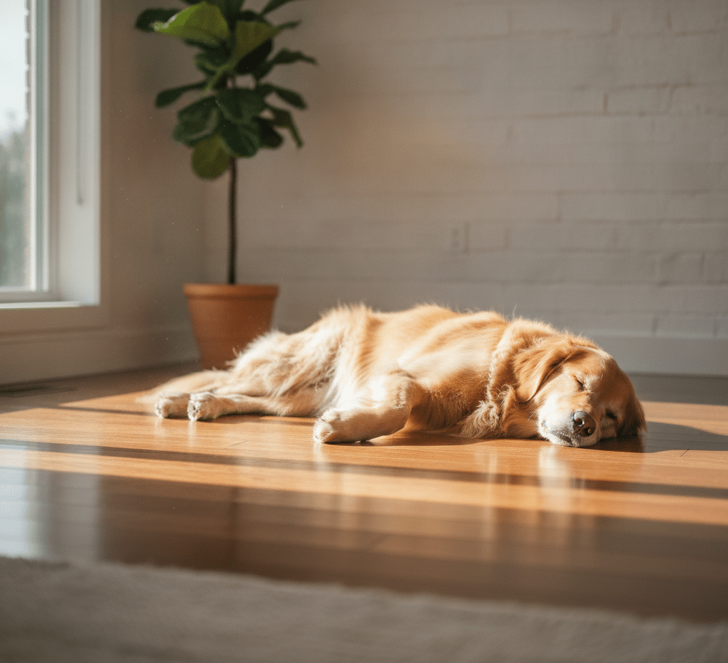 Golden Retriever lying peacefully on a clean, shiny hardwood floor, with sunlight streaming in