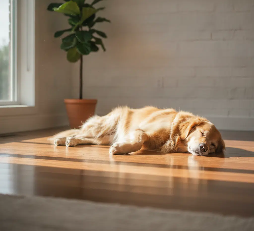 Golden Retriever lying peacefully on a clean, shiny hardwood floor, with sunlight streaming in