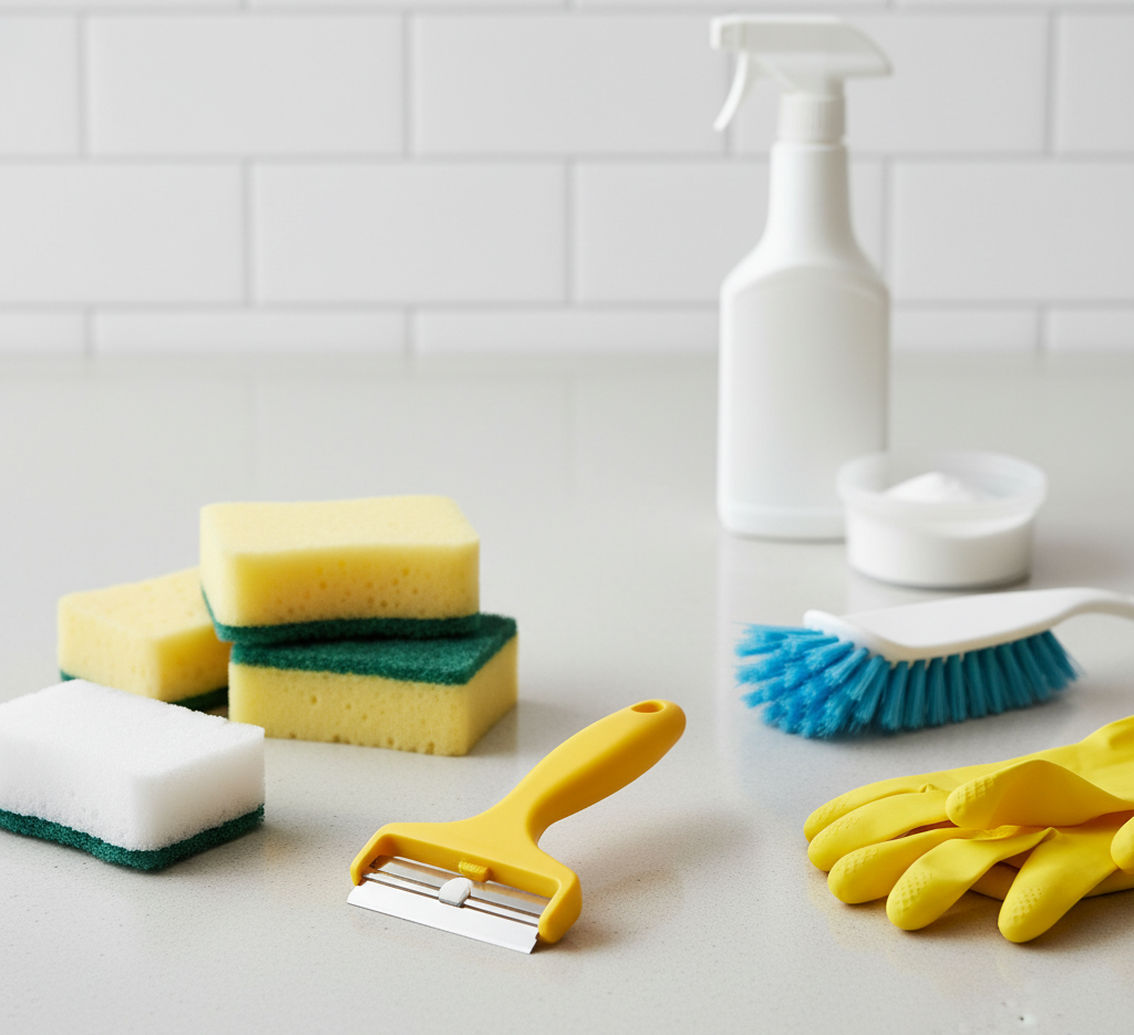 razor scraper blade, different types of sponges, stiff brush, gloves