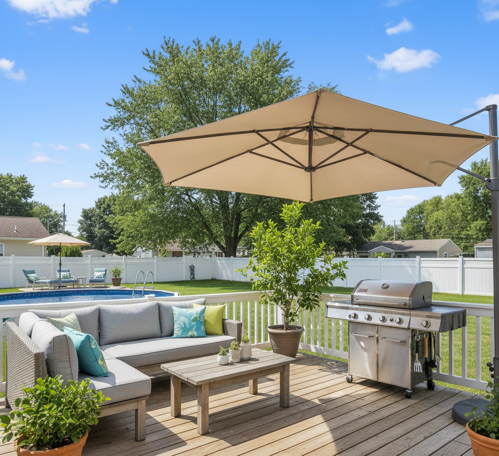 the patiodeck of a typical house in summer