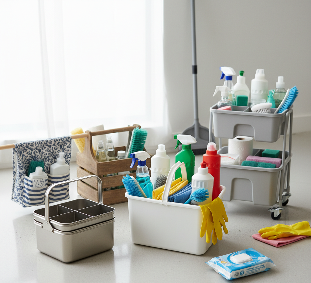 various types of cleaning caddies.