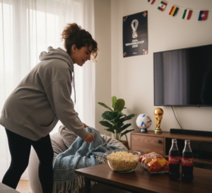 woman organizing the room to watch the World Cup