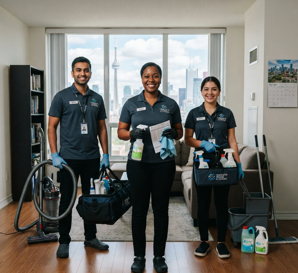 A cleaning crew from Toronto Shine Cleaning ready to handle another cleaning job in an apartment in Canada.
