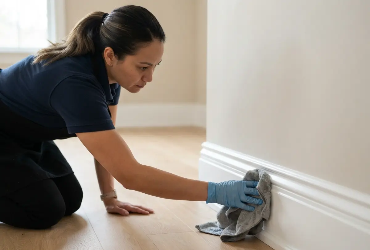 A close-up of a professional cleaner using a microfiber cloth to meticulously wipe down a white wooden baseboard in an empty room