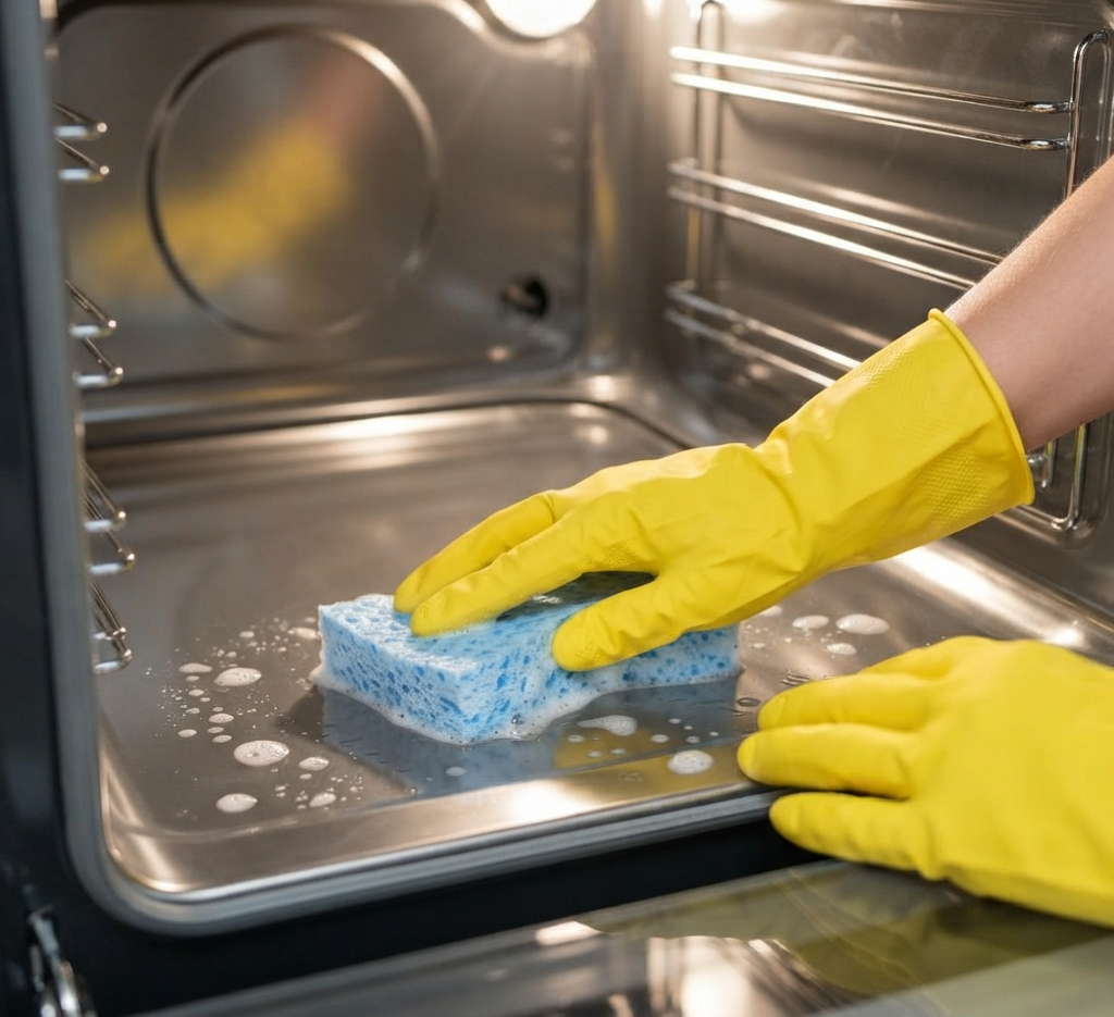 A close-up of hands wearing yellow rubber gloves, using a sponge to scrub the inside of a sparkling clean oven