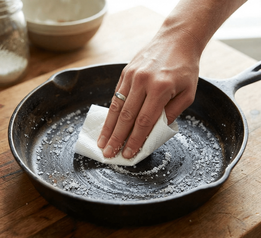A hand holding a folded paper towel, vigorously rubbing coarse white salt in a circular motion inside a cast iron skillet.