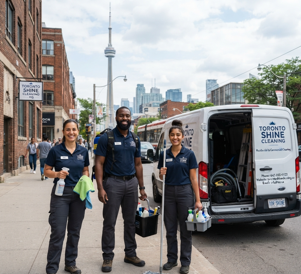 A three-person cleaning team from Toronto Shine Cleaning, ready for a day of work in Toronto, Canada.