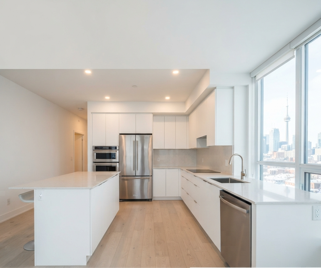 A wide shot of a modern, empty Canadian apartment kitchen, with gleaming countertops and a shiny stainless steel refrigerator
