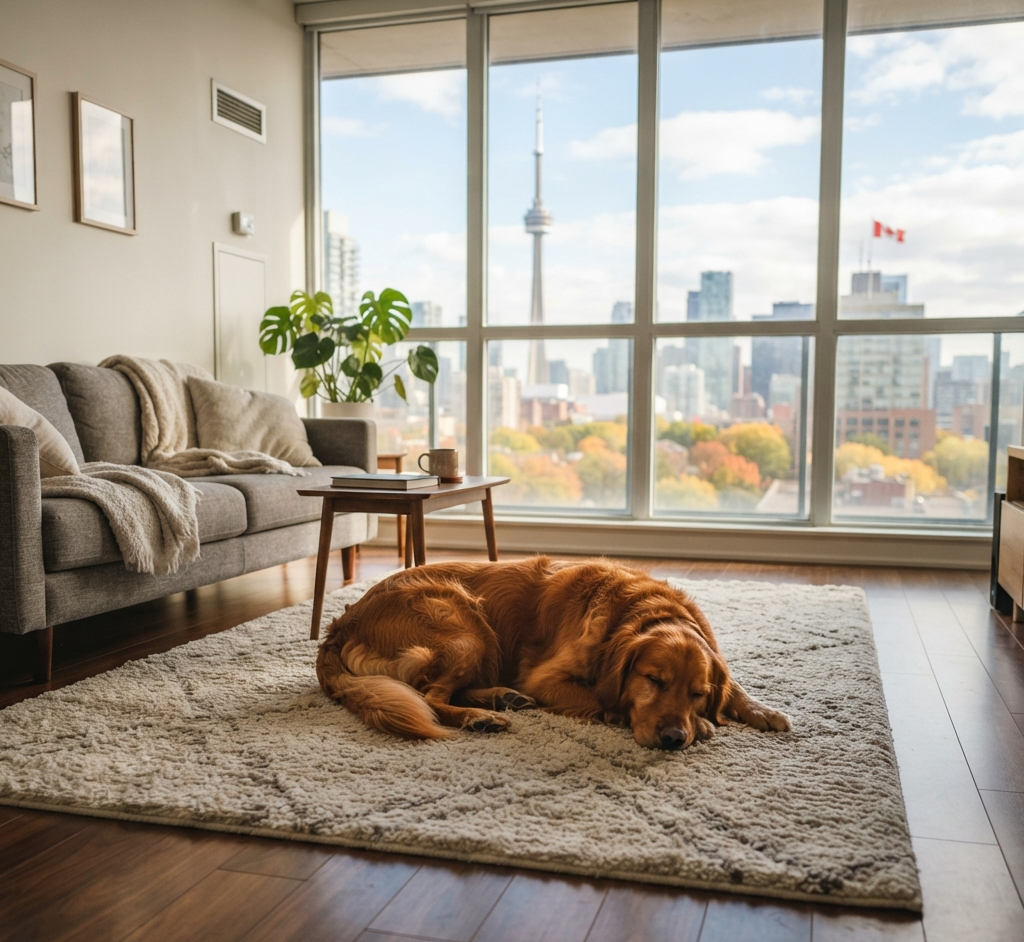 Dog lying on a rug in the living room of an apartment in Canada.