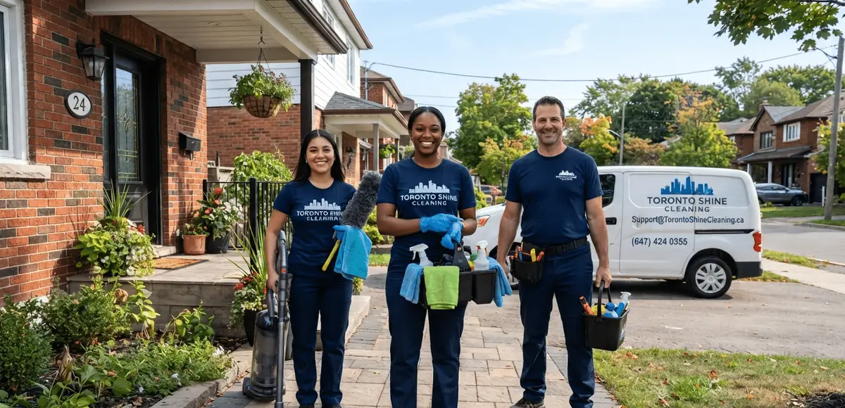 Three smiling cleaners holding supplies outside a brick house beside a white van