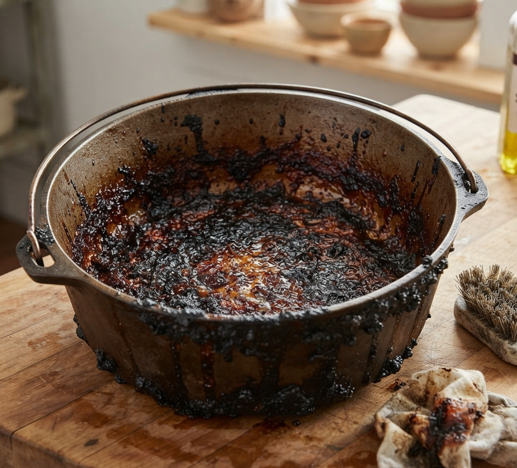 a cast-iron pot with a burnt bottom caused by a sugary syrup